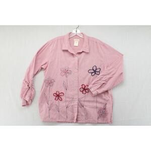 Bobbie Brooks Blouse Womens XL Red Embroidered Floral Button Up Long Sleeve